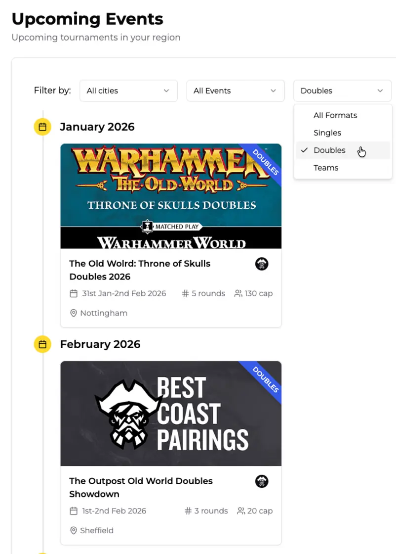 Screenshot showing the Upcoming Events page with the new Doubles format filter