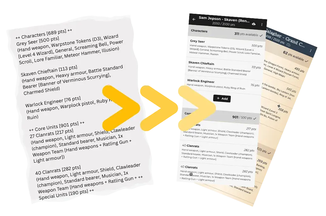 Text army list converted to interactive Battle Builder format