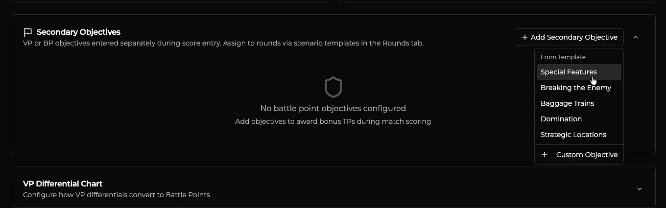 Add Secondary Objective dropdown showing Matched Play templates and Custom Objective option